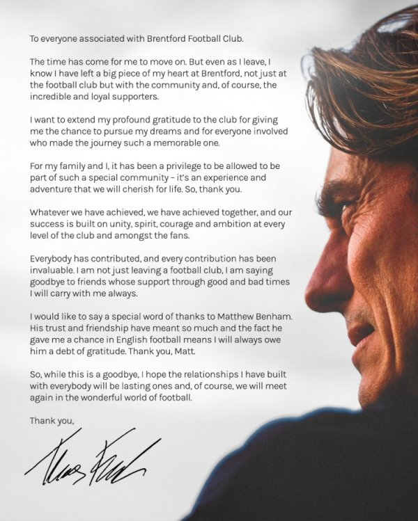 Frank bids farewell to Brentford: Thank you to everyone in the club, I remember your support in my heart
